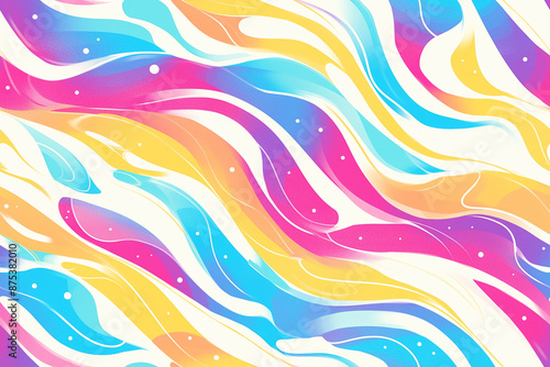 A vibrant seamless pattern with flowing abstract waves in bright colors like pink, blue, yellow, and white.