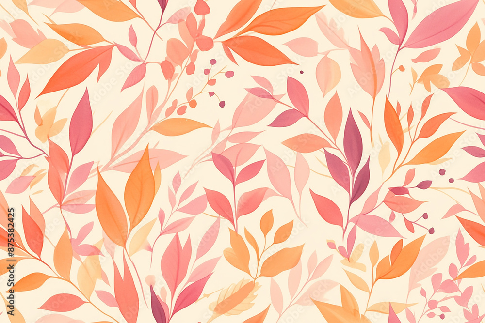 Warm-toned seamless pattern featuring delicate leaves and branches in shades of pink and orange on a light background. Warm-toned seamless pattern featuring delicate leaves and branches in shades of pink and orange on a light background.
