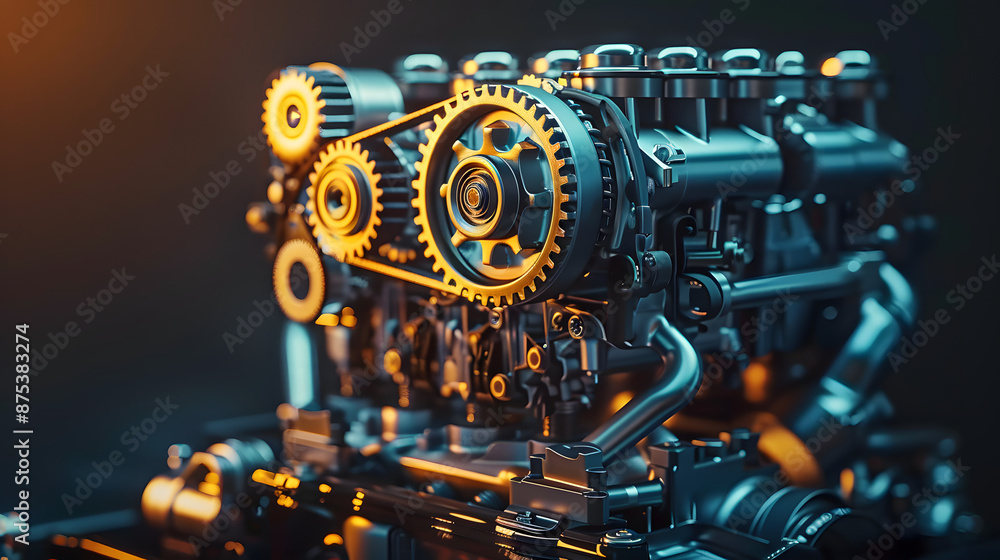 Fototapeta premium Explore detailed explanations of car engine parts and gears anatomy. Concept Internal Combustion Engine, Cylinder, Piston, Crankshaft, Camshaft, Timing Belt, Valves, Fuel Injectors, Spark Plugs