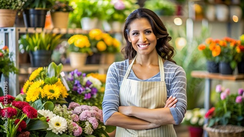 Smiling attractive hispanic female Small business owner in her florist shop.