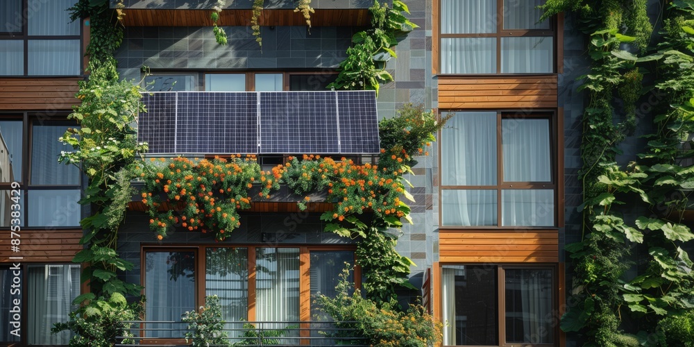 Green Building with Solar Panels and Flowers. Modern building facade featuring lush greenery, vibrant flowers, and solar panels, showcasing sustainable urban architecture and eco-friendly design. Green Building with Solar Panels and Flowers. Modern building facade featuring lush greenery, vibrant flowers, and solar panels, showcasing sustainable urban architecture and eco-friendly design.