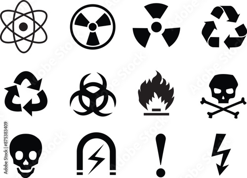 A detailed set of hazard and safety warning icons including radioactive, biohazard, flammable, toxic, and electrical symbols. Ideal for safety manuals, warning signs, and educational materials.