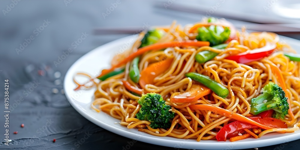 Plate of Lo Mein noodles with colorful veggies and savory sauce. Concept Food Photography, Asian Cuisine, Noodle Dish, Food Styling Plate of Lo Mein noodles with colorful veggies and savory sauce. Concept Food Photography, Asian Cuisine, Noodle Dish, Food Styling
