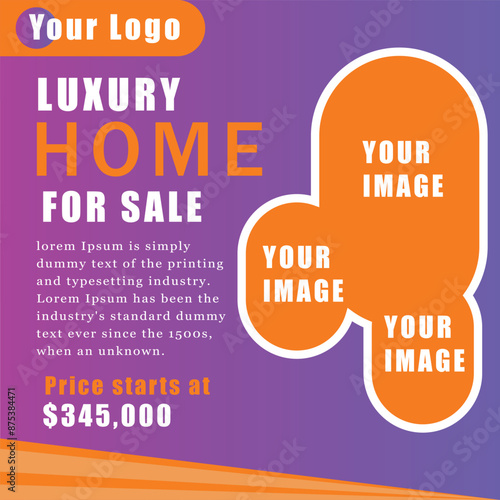 Modern flyer template for luxury home sales. Vibrant colors and sleek design make it perfect for real estate marketing. Ideal for attracting attention and promoting high-end properties effectively. photo