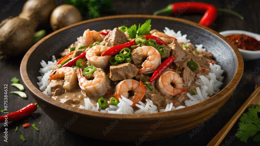 bicol express spicy stew made with pork shrimp paste served aesthetically in a wooden plate and table bicol express spicy stew made with pork shrimp paste served aesthetically in a wooden plate and table