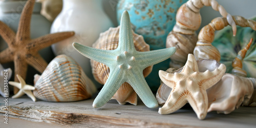 Muscheln Seesterne Strand Dekor Küstenthema Stil Hintergrundmotiv photo