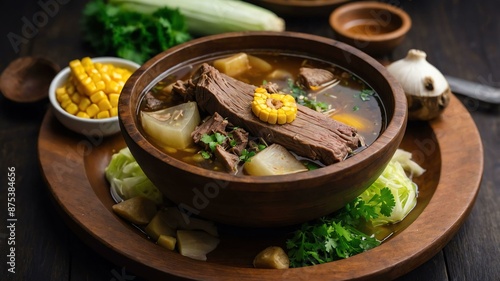 bulalo beef shank and marrow bone soup often with cor served aesthetically in a wooden plate and table photo