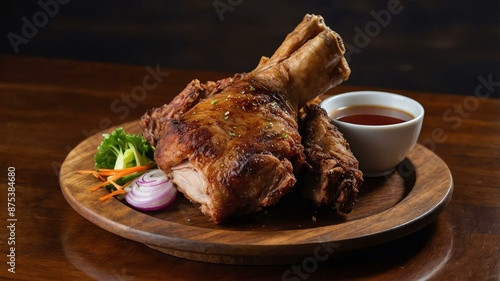 crispy pata deepfried pork leg or knuckle until crisp served aesthetically in a wooden plate and table