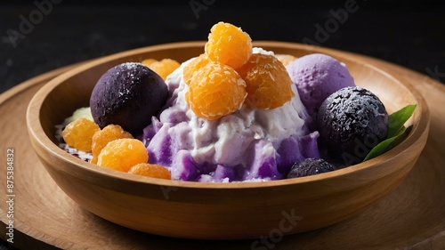 halohalo a dessert consisting of shaved ice evaporate served aesthetically in a wooden plate and table photo