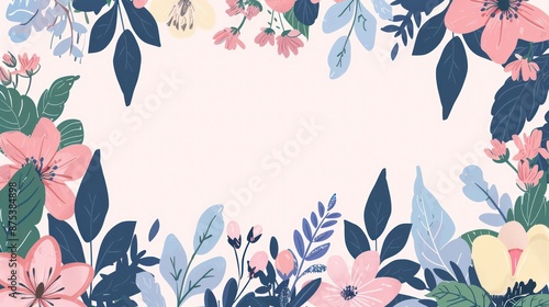 Floral border with various flowers and leaves on pink background. photo