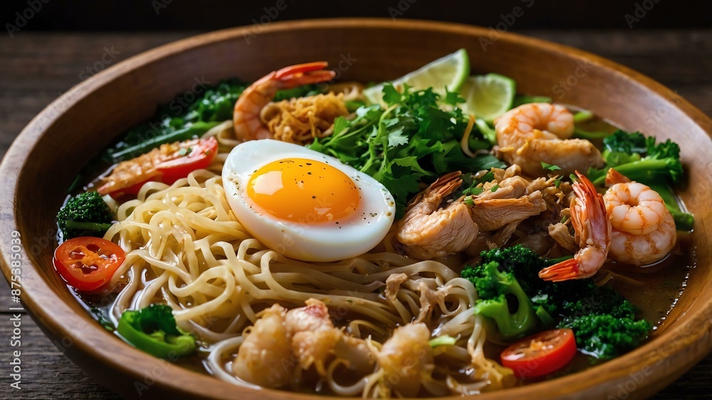 lomi egg noodles in a thick broth with pork chicken s served aesthetically in a wooden plate and table lomi egg noodles in a thick broth with pork chicken s served aesthetically in a wooden plate and table