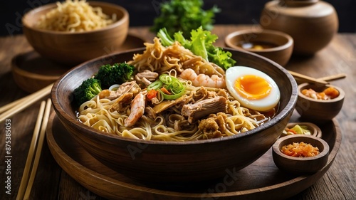 lomi egg noodles in a thick broth with pork chicken s served aesthetically in a wooden plate and table