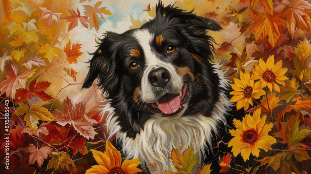 Obraz premium Border collie surrounded by fall flowers