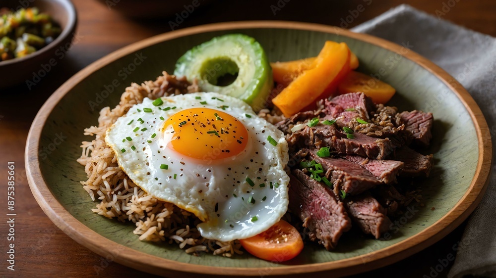 tapsilog breakfast dish consisting of tapa cured beef served aesthetically in a wooden plate and table tapsilog breakfast dish consisting of tapa cured beef served aesthetically in a wooden plate and table