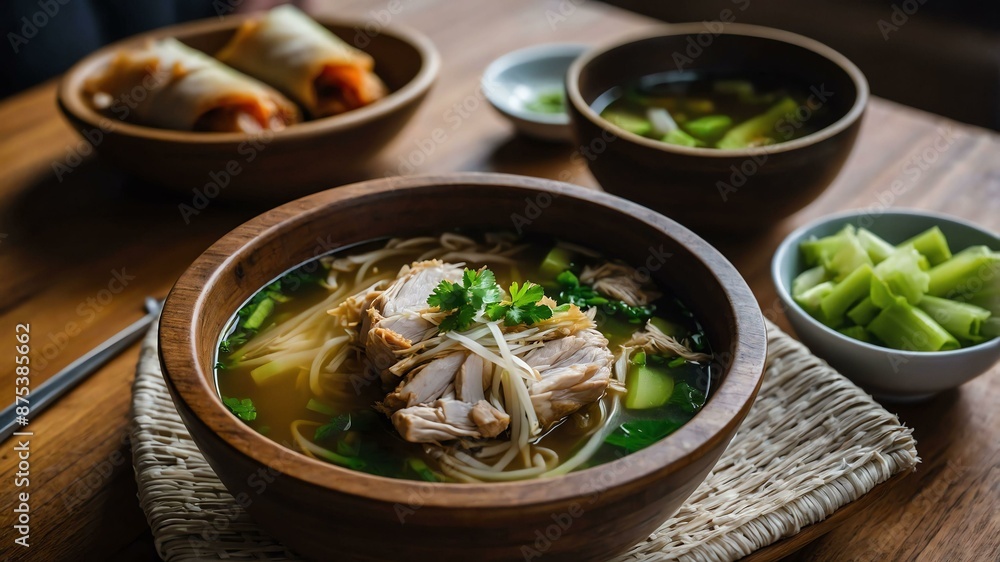 tinola chicken soup with ginger garlic and green papa served aesthetically in a wooden plate and table tinola chicken soup with ginger garlic and green papa served aesthetically in a wooden plate and table