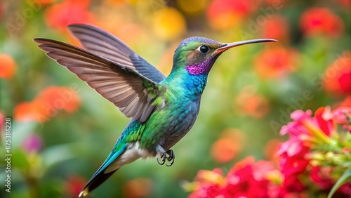 Broad Billed Hummingbird. Using different backgrounds the bird becomes more interesting and blends with the colors. These birds are native to Mexico and brighten up most gardens where flowers bloom.