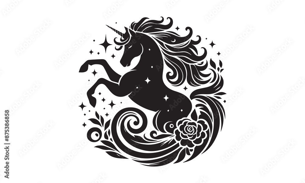 Naklejka premium unicorn, silhouette logo, Silhouette of a flying unicorn, Unicorn head circle tattoo illustration, horses tattoo. Black unicorn silhouette vector style and white background