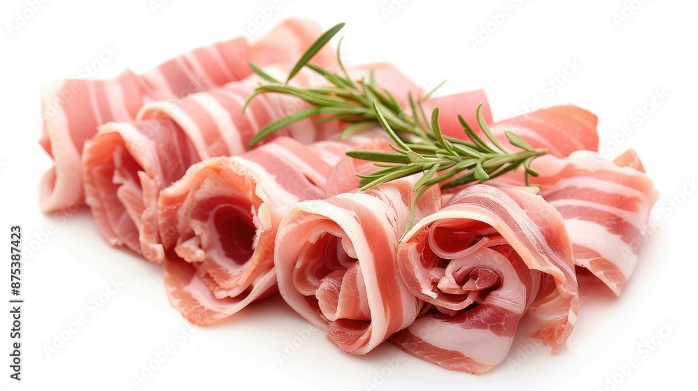 Thinly sliced bacon rolls garnished with fresh rosemary, presented on a white background. Perfect for culinary and food photography. Thinly sliced bacon rolls garnished with fresh rosemary, presented on a white background. Perfect for culinary and food photography.