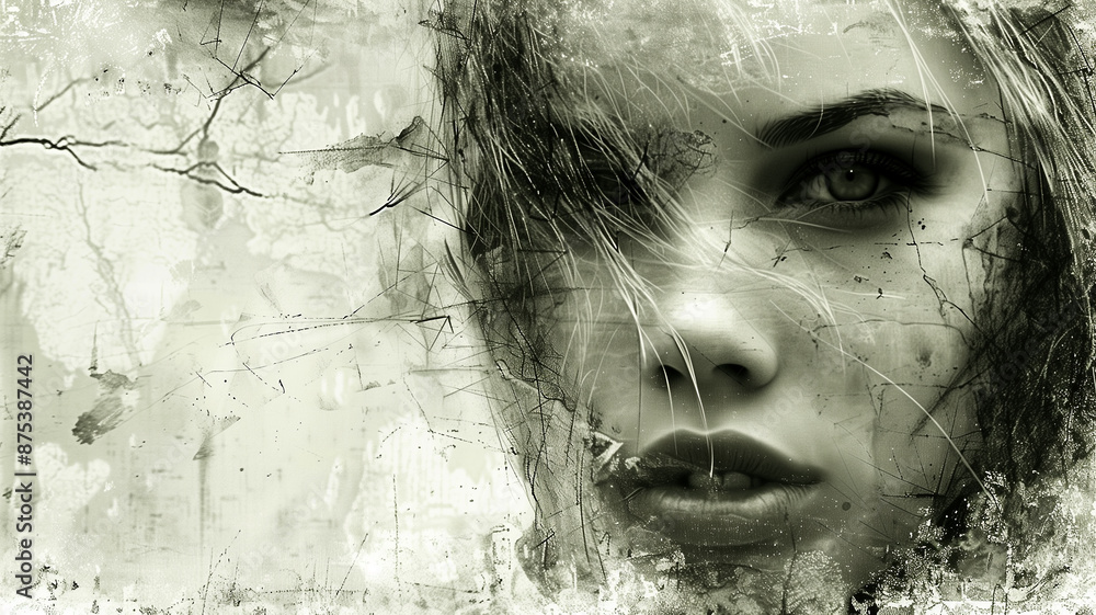 Obraz premium A woman's face is shown with a blurry background. The woman's hair is long and messy, and her eyes are closed. The image has a moody and mysterious feel to it