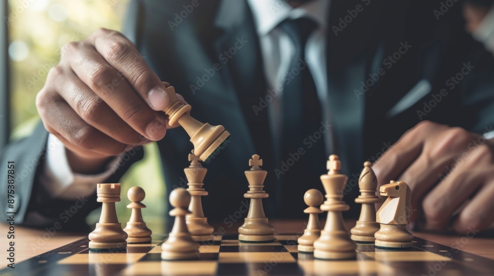 A man in a suit is playing chess and is about to move a piece. Generate AI image A man in a suit is playing chess and is about to move a piece. Generate AI image