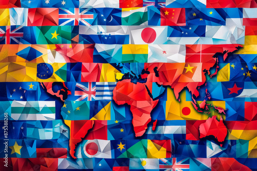 Abstract composition of world flags arranged in a dynamic mosaic. the scene represents global unity and diversity