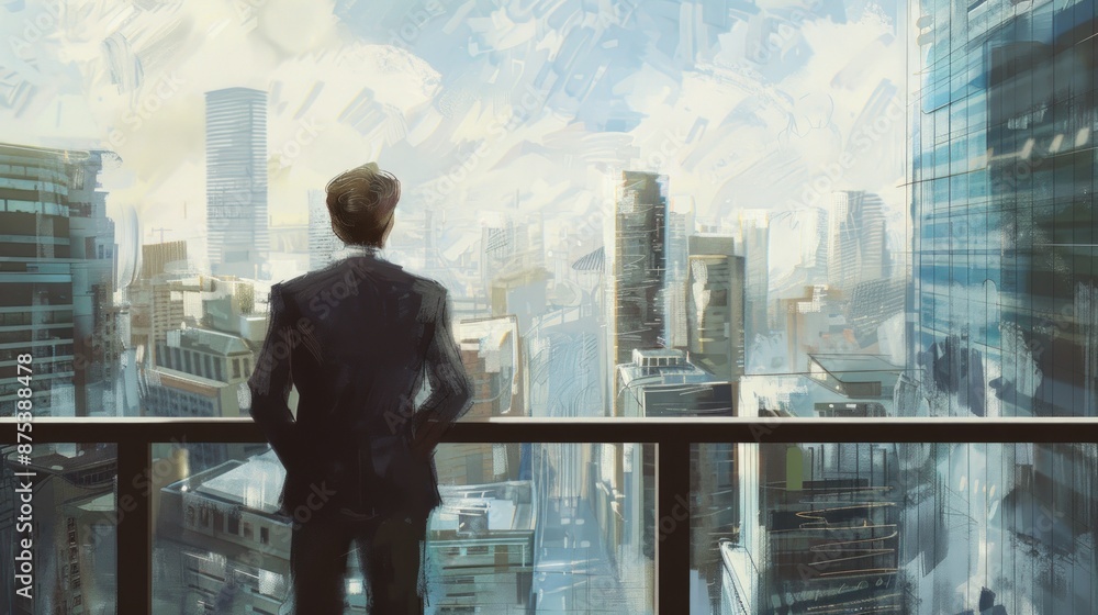 A man in a suit is looking out over a city from a balcony. Generate AI image A man in a suit is looking out over a city from a balcony. Generate AI image