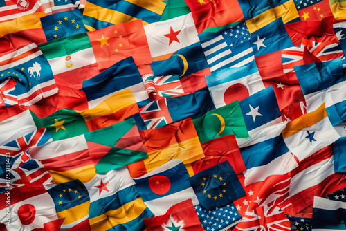 Abstract composition of world flags arranged in a dynamic mosaic. the scene represents global unity and diversity