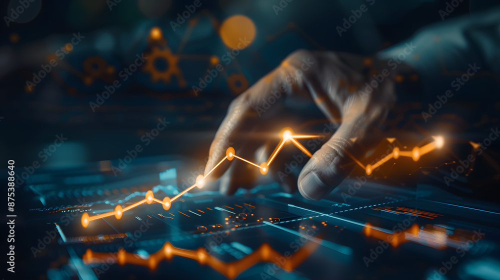 Businessman holding a growth arrow and market graph with glowing icons on a dark background. Man pointing to a rising business chart, representing financial strategy on a black background. Businessman holding a growth arrow and market graph with glowing icons on a dark background. Man pointing to a rising business chart, representing financial strategy on a black background.