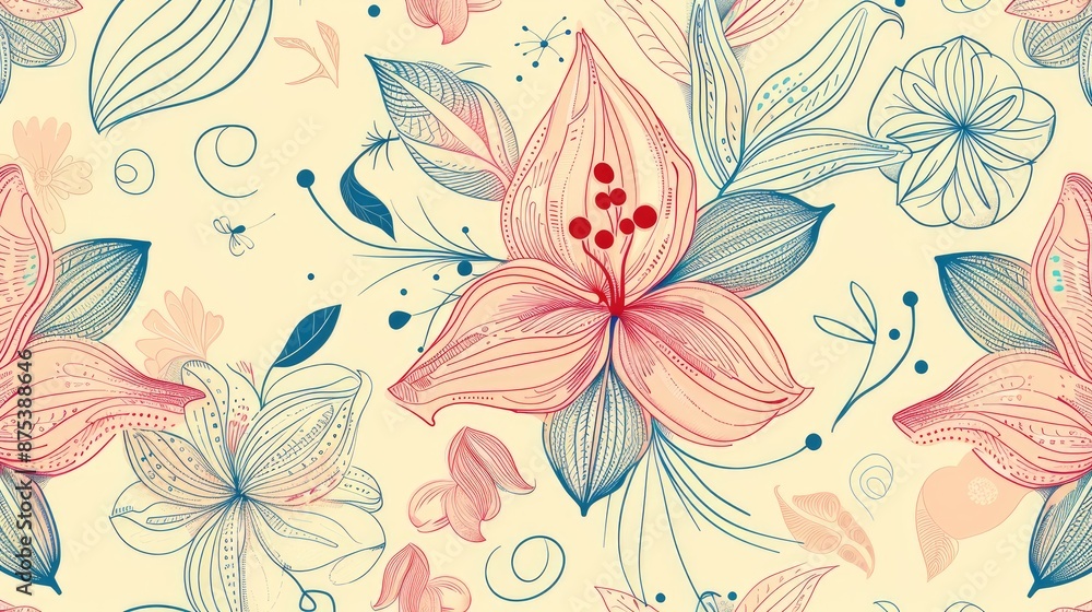 Fototapeta premium Floral motif and doodles in seamless vertical pattern with hand drawn elements