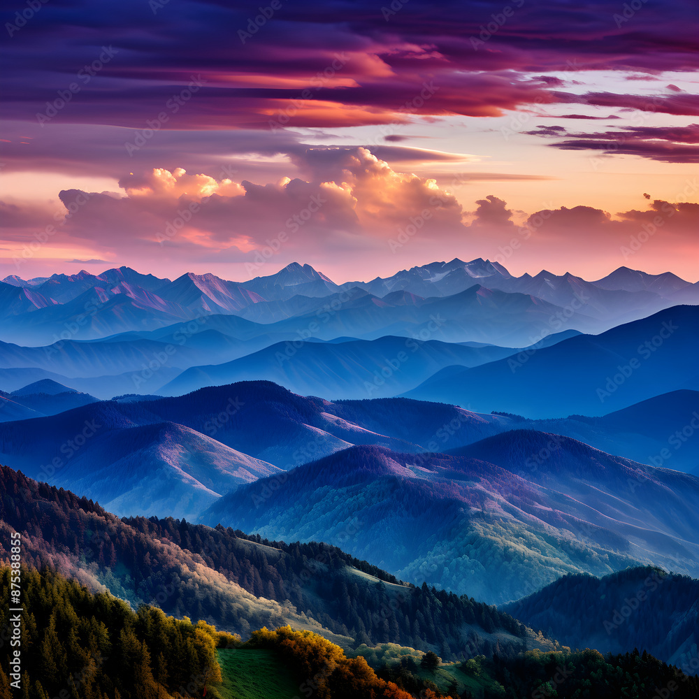 Obraz premium Spectacular Sunset over Mountain Range: A Mesmerizing Spectacle of Nature's Majesty