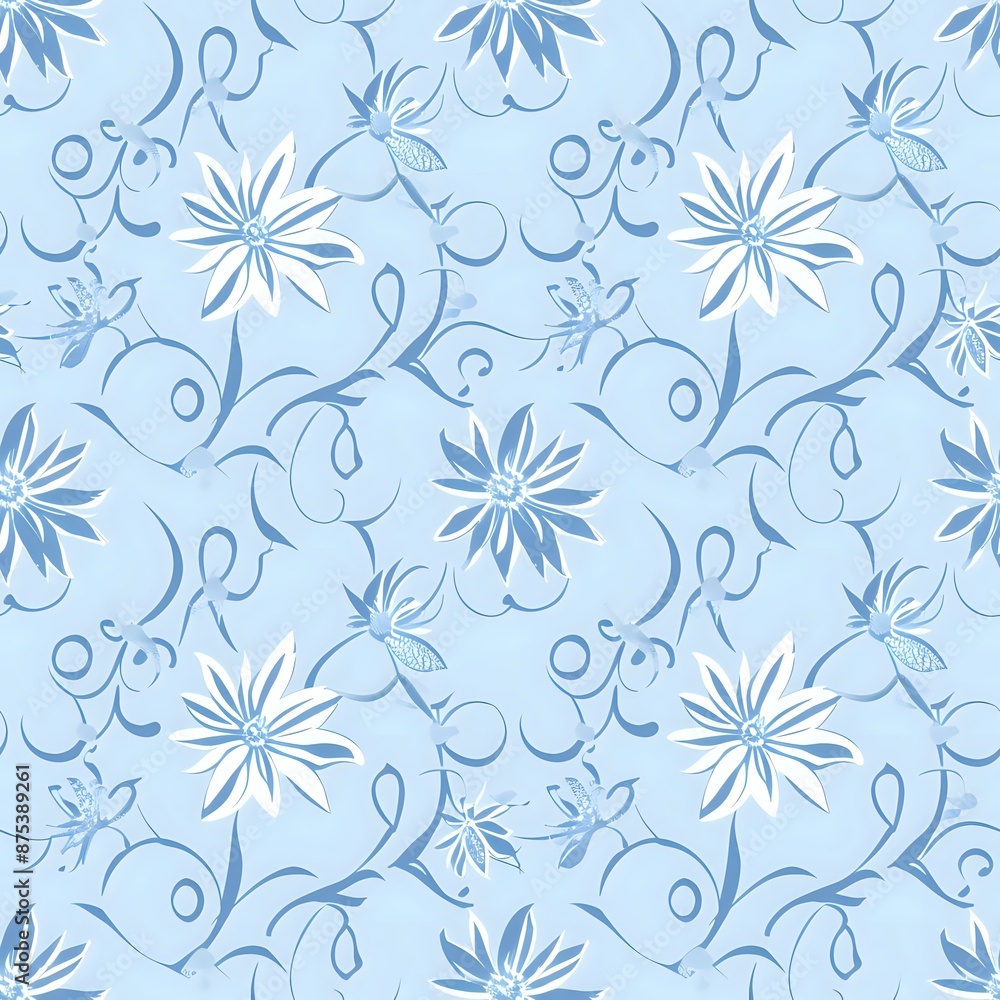 Elegant Floral Grid Pattern with Realistic Blue, Green, and Pink Flowers Elegant Floral Grid Pattern with Realistic Blue, Green, and Pink Flowers