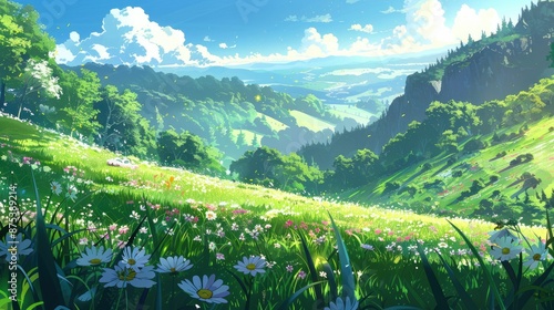 beautiful anime-style landscape with daisies photo