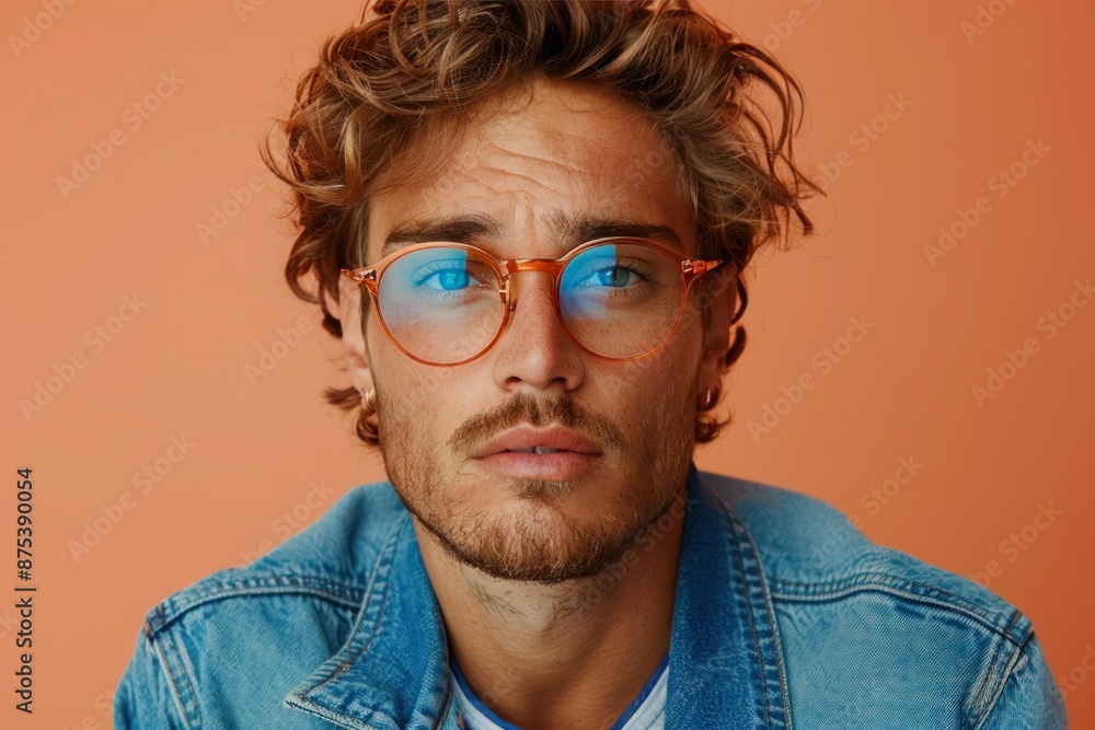 Denim-clad gentleman in glasses posing against peachy backdrop Denim-clad gentleman in glasses posing against peachy backdrop