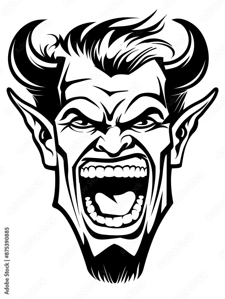 A demonic looking man with horns and a mouth wide open. The man is angry and has a demonic appearance A demonic looking man with horns and a mouth wide open. The man is angry and has a demonic appearance
