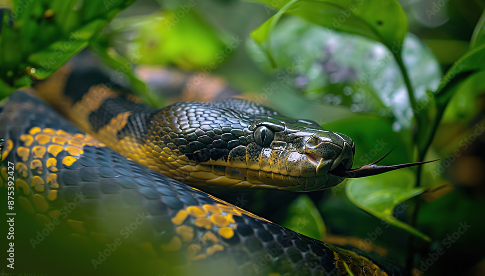 Anaconda snake in Tropical Rainforest, Interesting Plants in Background, Green Nature Wallpaper with Copy Space 1 Anaconda snake in Tropical Rainforest, Interesting Plants in Background, Green Nature Wallpaper with Copy Space 1