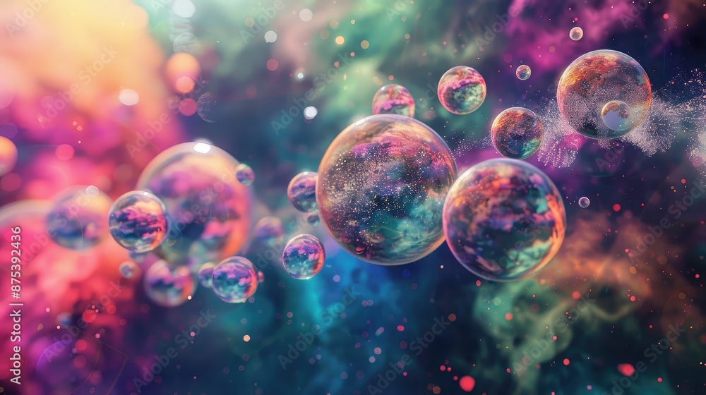 Vibrant cosmic bubbles in a colorful galaxy, creating an ethereal and dreamy space scene with abstract art elements. Vibrant cosmic bubbles in a colorful galaxy, creating an ethereal and dreamy space scene with abstract art elements.