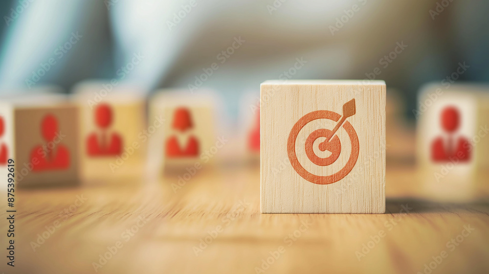 Customer relationship management concept. wooden block with target icon linked with human icons for customer focus group. Data exchanges development and customer service