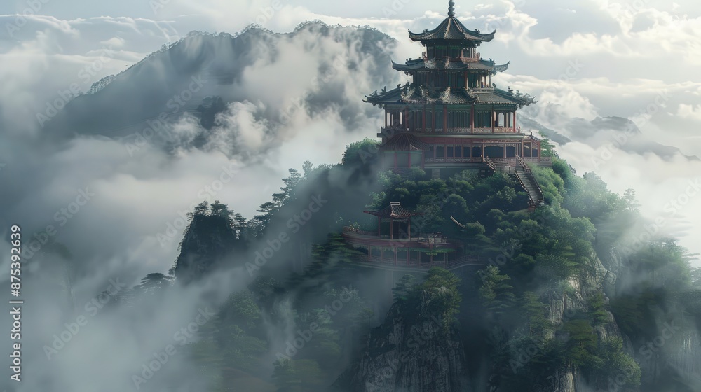 Fototapeta premium A mountain with a red and white building on top. Generate AI image