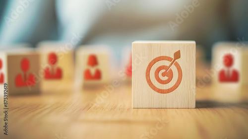 Obraz na płótnie Customer relationship management concept. wooden block with target icon linked with human icons for customer focus group. Data exchanges development and customer service w salonie