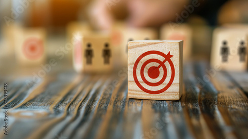 Customer relationship management concept. wooden block with target icon linked with human icons for customer focus group. Data exchanges development and customer service