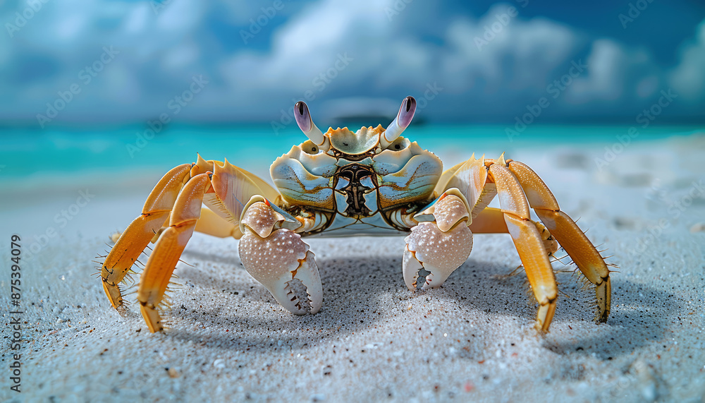 a little crab on white sand beach, blue sky, sun shining, beach background a little crab on white sand beach, blue sky, sun shining, beach background
