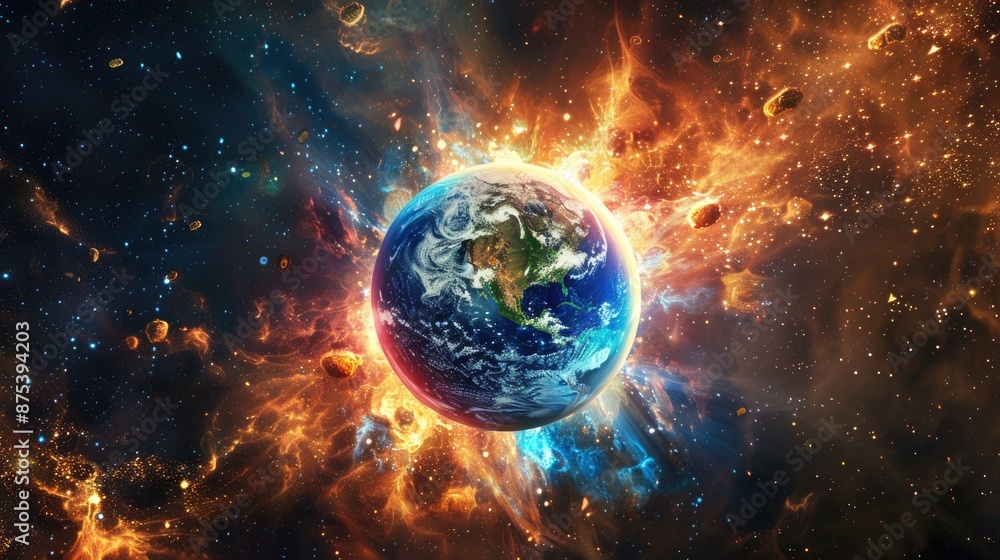 Vibrant explosion in outer space with Earth at the center, symbolizing cosmic energy, intergalactic phenomena, and catastrophic events. Vibrant explosion in outer space with Earth at the center, symbolizing cosmic energy, intergalactic phenomena, and catastrophic events.