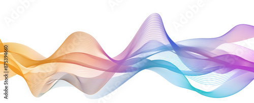 Abstract digital artwork featuring flowing, multicolored waves on a white background. The gradient hues of orange, purple, and blue intertwine seamlessly, creating a sense of motion and fluidity, idea