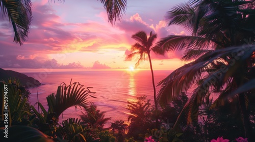 Vibrant tropical sunset over the ocean with palm trees and flowers.