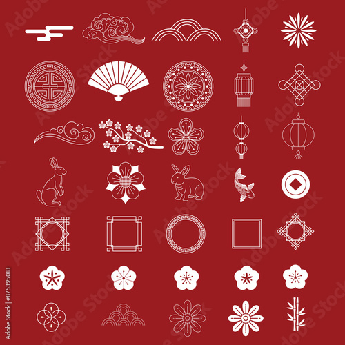 Chinese element collection. Vector decorative collection of patterns, frame, flowers , clouds and knotting in Chinese style