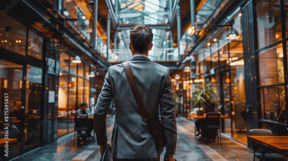 Businessman walking through a modern office building with glass walls and natural light, showcasing a professional and stylish work environment. Businessman walking through a modern office building with glass walls and natural light, showcasing a professional and stylish work environment.