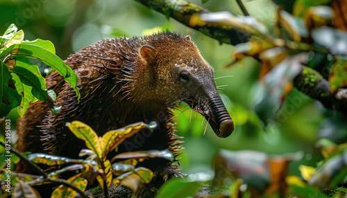 Anteater in Tropical Rainforest, Interesting Plants in Background, Green Nature Wallpaper with Copy Space photo