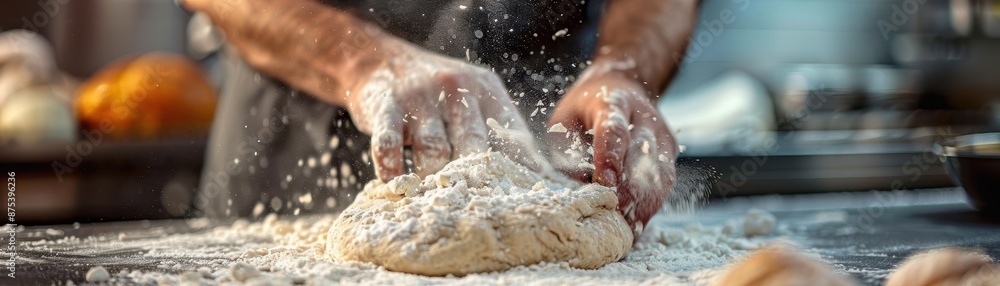 Fototapeta premium Close-up of hands kneading dough on a floured surface in a kitchen, showcasing the artistry and skill of baking homemade bread.