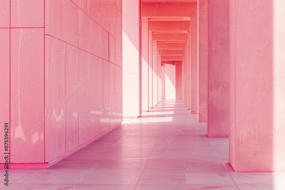 Obraz premium A pink-hued corridor with repeating columns and geometric shapes, creating an ethereal and minimalist architectural space.
