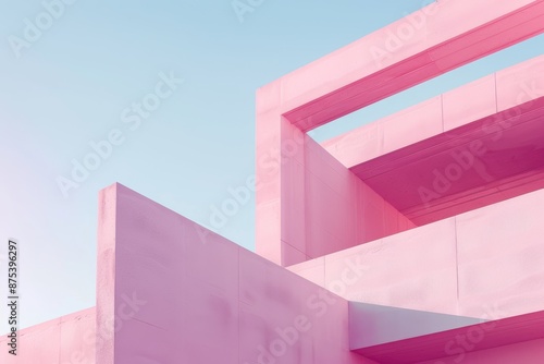 Minimalist architectural detail in pastel pink hues. Geometric shapes and clean lines create an abstract, dreamy aesthetic against a pale blue sky.